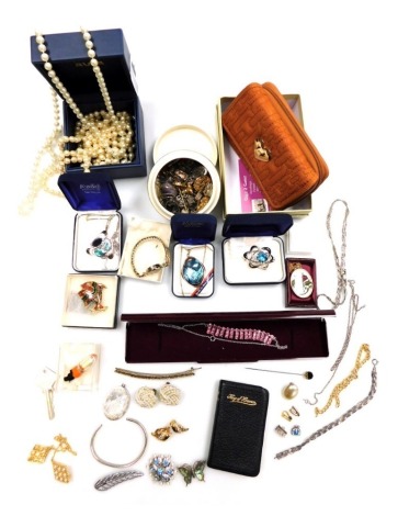 Silver and costume jewellery, including a charm bracelet, rings, earrings, a Mizpah 9ct gold brooch fitting, paste slide, together with handbags, purses, etc. (a quantity)