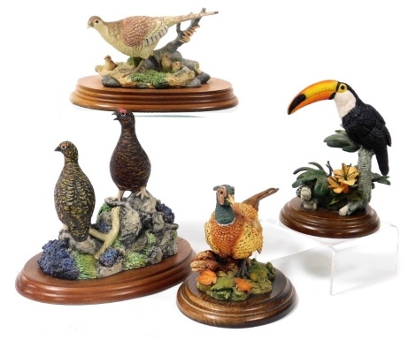 A Border Fine Arts figure group modelled as Moor and Alert, B0301, and three Country Artist figures modelled as pheasant, hen pheasant, and toucan. (4)