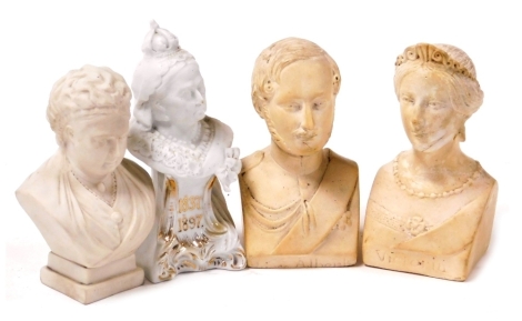 A Goss bust of Victoria, 1896-7 memorial of 60th year of reign of Her Majesty Victoria R.I., a pair of John Borco busts of a young Queen Victoria and Prince Albert, impressed verso 24 Tasch Street London, and a Continental porcelain bust of Queen Victoria