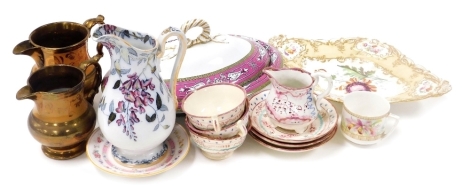 A group of 19thC pottery and porcelain, including a botanical decorated dessert dish, lustre part tea service and a Copeland Pottery tureen and cover. (a quantity)