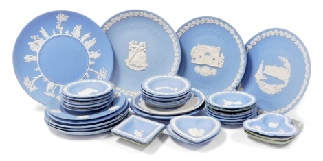 Wedgwood green and light blue jasperware plates, and dishes, some commemorative. (a quantity)