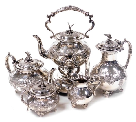 A late 19thC John Turton silver plated five piece tea and coffee service, with floral embossed decoration, pattern number 0785, impressed marks, comprising a kettle on burner stand, teapot, coffee pot, sucrier and cream jug.