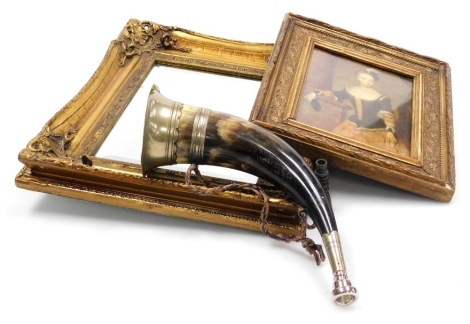 A silver plate mounted hunting horn, 31cm wide, gilt wall mirror inset bevelled glass, 37cm x 31cm, and a giltwood and gesso framed print of a Renaissance lady. (3)