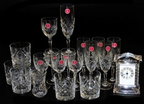 Six Royal Albert Malvern pattern whisky glasses, together with six sherry glasses, and six champagne glasses, a crystal clock and a vase, all boxed. (a quantity)