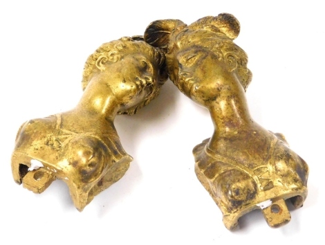 A pair of late 19thC French ormolu furniture appliques, cast as a Renaissance lady, 15cm high.