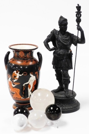 A Victorian spelter figure modelled as a Roman centurion, 35.5cm high, together with a Victorian etruscan ware type porcelain vase, S A & Company, 21.5cm high, (AF) and five white and black crystal balls, varying sizes. (7)