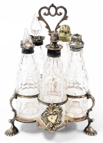 A 19thC silver plated cruet, containing five bottles, for Lambert, Coventry Street, London, bears later military mark, 26cm high.