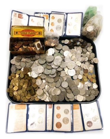 A group of pre decimal coinage, to include Elizabeth II pennies, half crowns, crowns, threepences, Britain's first decimal coin set, shillings, etc.