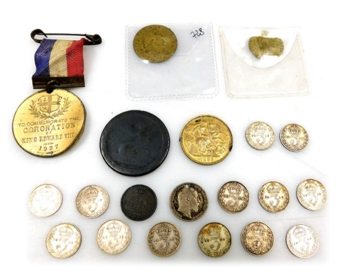 A group of coinage, medallions, etc., to include silver and other threepences, 21.4g, a Georgian cartwheel penny, rubbed, a George III 1823 brass token, a coronation of Edward VIII medallion, etc. (a quantity)