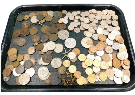 A group of pre decimal silver and other coinage, to include various Victorian and later threepences, 29g, crowns, half crowns, farthings, decimal twenty pence pieces, etc. (a quantity)