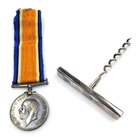 A World War I British war medal, named to E.R.A.A.R.W, 2121, and a silver corkscrew, Birmingham 1991. (2)