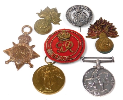 A World War I medal group, named to Pte A Dell, Royal Fusiliers, L-16234, who died on 7th March 1916 and is commemorated on the Loos Memorial, panel 25-27, comprising 1914-15 Star, Great War and Victory medals, together with badges and a George V wound ba