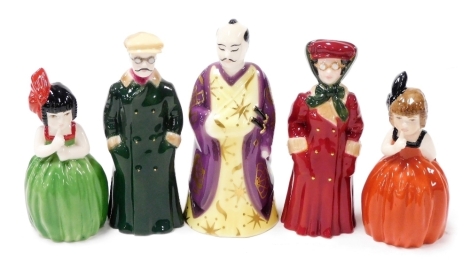 A group of Royal Worcester porcelain candle snuffers, comprising Samurai, limited edition number 70/250, 12cm high, Hush, limited edition 358/500, pair, The Motorist, limited edition 17/500, pair. (5)