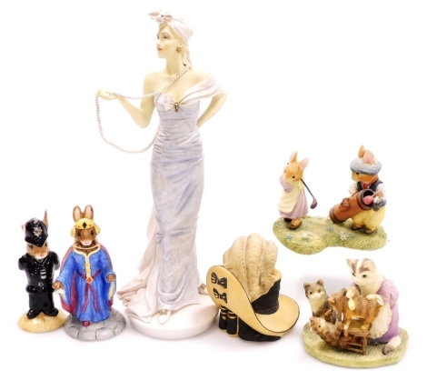 A group of collectables, comprising a World of Beatrix Potter resin figure Tabitha Twitchit brushing kittens, AO625, Villeroy & Boch Sports at Foxwood resin figure, a Coalport matt porcelain group Hats Ascot, a Royal Doulton Classique Helena figure CL3994