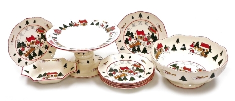 A group of Masons Christmas Village pattern ironstone pottery, to include pedestal bowl, 26cm diameter, cake stand, various plates, etc. (a quantity)