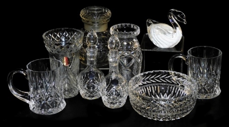 A group of glassware, to include a John Jenkins cut glass bowl, 15cm diameter, a pair of Royal Doulton cut glass tankards, 12cm high, and a Dresden Crystal vase, 14cm high, etc.