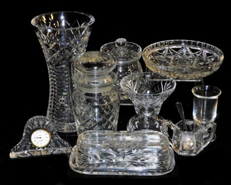 A group of glassware, to include a Royal Doulton cut glass butter dish and cover, 16cm wide, cut glass dish, 15cm diameter, vase, 20cm high, etc. (a quantity)