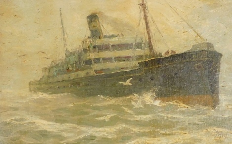 Early 20thC School. Steamboat on choppy seas, indistinctly signed, oil on board, 36cm x 57cm.