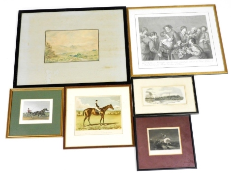 A group of pictures, equestrian related and other, to include after L Maurer, Pocahontas, colour engraving, 10cm x 14.5cm, racehorse print, Ayrshire, Winner of the Derby Stakes at Epsom, The Champagne Stakes at Doncaster and the Two Hundred Guineas, colou