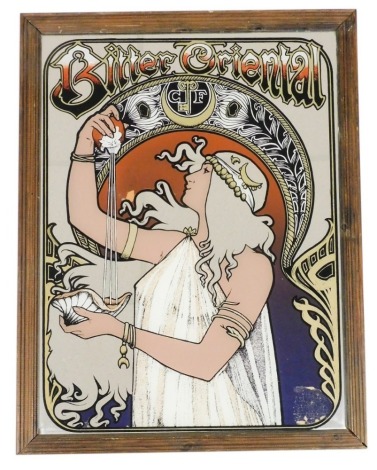 An advertising mirror, The Bitter Oriental, depicting a woman in Art Nouveau style, 60cm x 44cm.