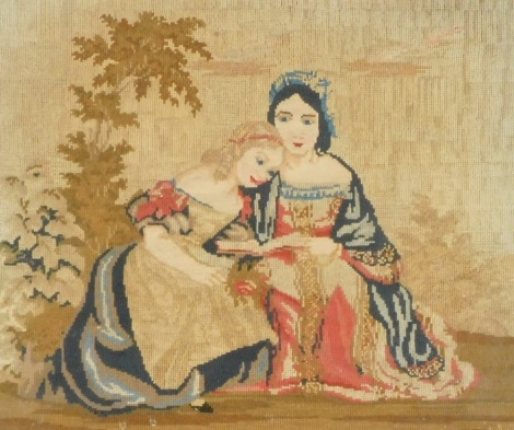 A Victorian woolwork embroidery, depicting mother and daughter reading, 40cm x 44cm.