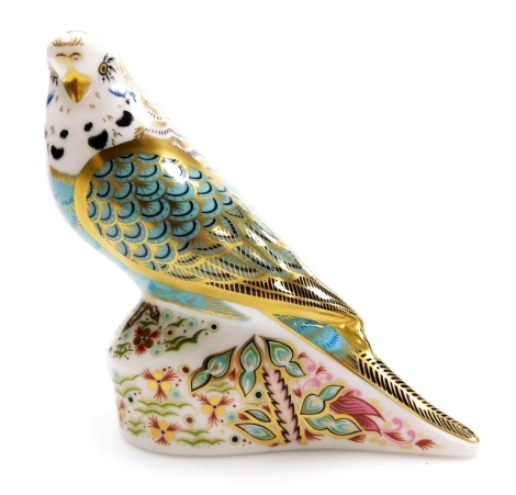 A Royal Crown Derby porcelain Blue Sky Budgerigar paperweight, limited edition, gold stopper and red printed marks, 11cm high, boxed.