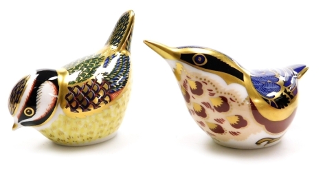 Two Royal Crown Derby porcelain bird paperweights, Bluetit, gold stopper, 7cm high, boxed, and Nuthatch, gold stopper, 5cm high, boxed.