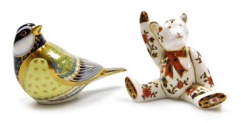 Two Royal Crown Derby porcelain paperweights, Great Tit, gold stopper and red printed marks, 11cm wide, boxed, and Teddy Bear, red printed marks, no stopper, 7.5cm high, boxed.