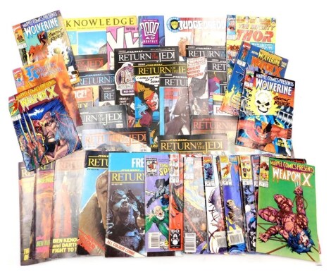 Various comics, to include Marvel The Complete Spiderman, 22nd May 91, X-Men, Guardians of the Galaxy, The Mighty Four, Star Wars Return of the Jedi comics, mainly 1980s, etc.