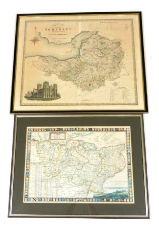 An early 19thC map of the county of Somerset, from an actual survey made in the years 1820 and 1821, published by C Greenwood and Company, London 1829, 64cm x 77cm, together with a reproduction of a map of the county of Kent, 42cm x 60cm. (2)