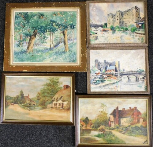 Povey (20thC School). Woodland scene with fields of bluebells, watercolour, signed, 30cm x 35cm, two further works by the artist, Market Day at Newark on Trent, and The Castle Newark on Trent, 24cm x 31cm, and two cottage scenes, oil on canvas, indistinct