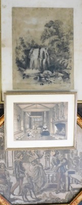 Various pictures, prints, etc., to include C Brocton, figures fishing before waterfall, pencil and pastel, signed, 43cm x 30cm, interior scene, oil on canvas, unsigned, 45cm x 61cm, etc. (a quantity) - 2