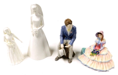 A Royal Doulton figure modelled as Daydreams, HN1731, two Coalport figures modelled as The Bride, Moments Collection, and Here Comes The Bride, Special Occasions Collection, and a Wedgwood figure modelled as In Anticipation, Moments In Time Collection, al