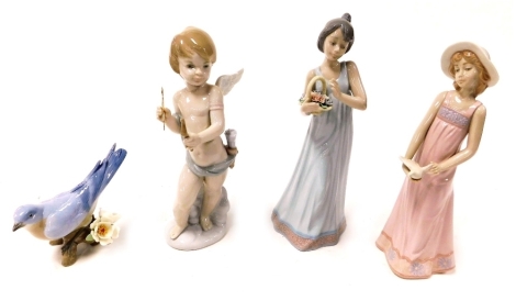 A Lladro porcelain figure of Cupid's Arrow, another of Sweet Sounds of Morning, and two Nadal collection figures of ladies, all boxed. (4)