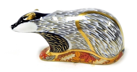 A Royal Crown Derby paperweight modelled as a woodland badger, boxed.