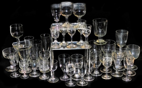 Victorian and later glassware, including rummers, wineglasses, an ice cream lick, toasting glass and liquor glasses. (a quantity)