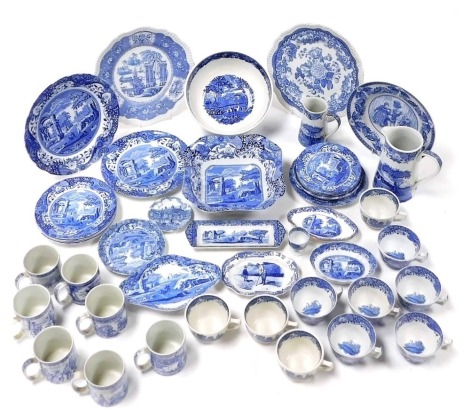 A group of blue and white pottery, including a Spode part tea service decorated in the Italian pattern, Wedgwood landscape fruit bowl, and Spode Blue Room Collection mugs. (a quantity)