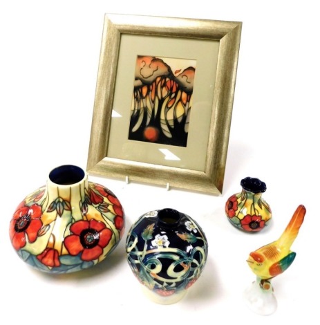 Three Tupton ware pottery vases, tube line decorated with flowers, a Hollohaza porcelain figure of a bird, and a Moorcroft picture, designed by Emma Bossons, titled La Garenne, 17cm x 11cm. (5)