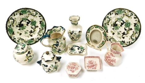 A group of Masons Chartreuse pattern ironstone pottery, including a ginger jar and cover, photograph frame and a hydra jug, together with three pieces decorated in the Stratford pattern, including a jug and a hexagonal box and cover.