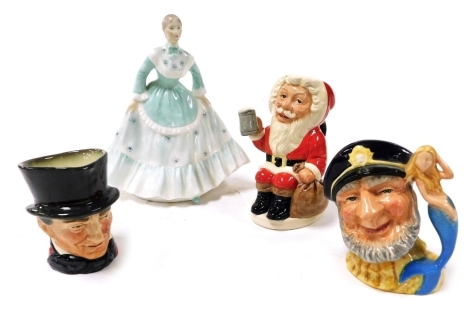 A Coalport porcelain figure modelled as Beverly, Ladies Of Fashion Collection, and three Royal Doulton character jugs modelled as Father Christmas, D6940, John Peel, and Old Salt, D7153. (4)