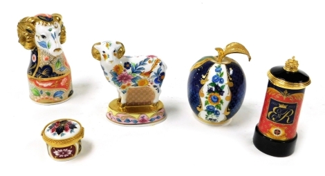 A Royal Worcester porcelain candle snuffer modelled as a ram, limited edition 55/750, boxed, further candle holder modelled as a plum, Chinese Year Of The Sheep figure, box and cover of pillar box form to commemorate the Golden Jubilee of her late majesty