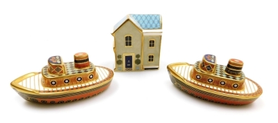 A Royal Crown Derby imari paperweight modelled as a tug boat, Treasures of Childhood, with certificate, another to celebrate the Diamond Jubilee of HM Queen Elizabeth II, limited edition 250 for Govier's of Sidmouth, and a model of The Sweet Shop. (3)