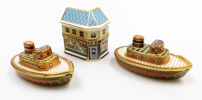 A Royal Crown Derby imari paperweight modelled as a tug boat, Treasures of Childhood, with certificate, another to celebrate the Diamond Jubilee of HM Queen Elizabeth II, limited edition 250 for Govier's of Sidmouth, and a model of The Sweet Shop. (3) - 2