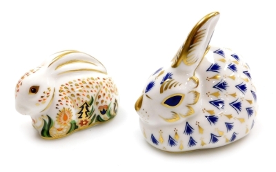 A Royal Crown Derby imari paperweight modelled as rabbit, and another modelled as baby Rowsley rabbit, exclusively for Sinclairs, signed. (2)