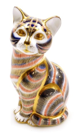 A Royal Crown Derby imari paperweight modelled as a seated cat.