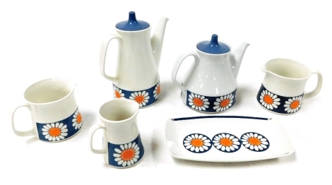 A late 20thC Figgjo Flint pottery part tea and coffee service decorated in the Daisy pattern, Turi design, comprising teapot and coffee pot, two milk jugs, cream jug, and an oblong plate.