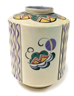 A Carter Stabler Adams Poole pottery vase, of fluted cylindrical form, painted with abstract flowers and wavy lines, seal mark, 18cm high.