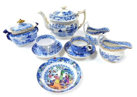 A group of early 19thC Miles Mason blue and white teawares, chinoiserie decorated, seal mark, comprising a teapot, sucrier, pair of cream jugs, two teacups and saucers, and a further saucer.