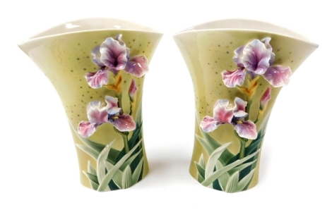 A pair of Franz porcelain vases decorated with irises, Enchanted Garden Collection, FZ00714, 31cm high.