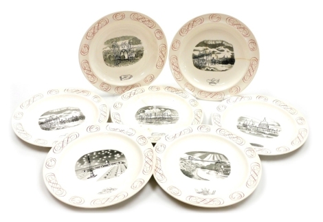 A set of seven Wedgwood Outlines of Grandeur plates, designed by Lawrence Whistler, 26cm diameter (some AF).